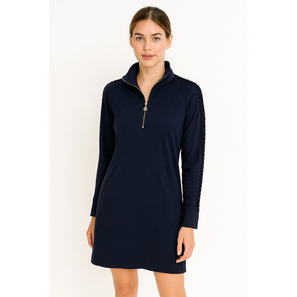 Lilly Pulitzer Skipper Solid Popover Knit Quarter Zip Dress Navy Blue XS
